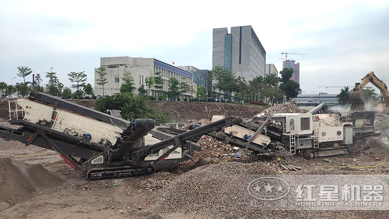 時產100噸建筑垃圾制砂現場-配置小型移動打沙制砂一體機